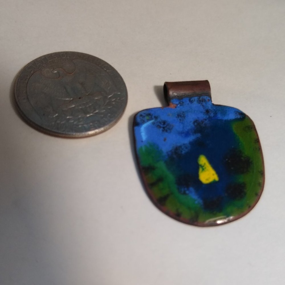 Whimsical copper & bright abstract enamel pendant